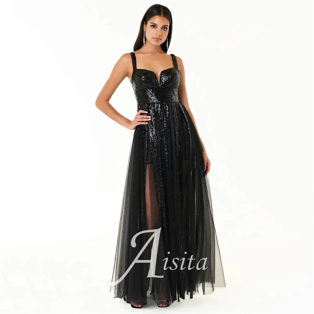 Elegant A Line Wedding Dress Deep V Neck Sequin Tulle Shine Black Prom Dress Floor Length Evening Dresses Vestidos De Noche
