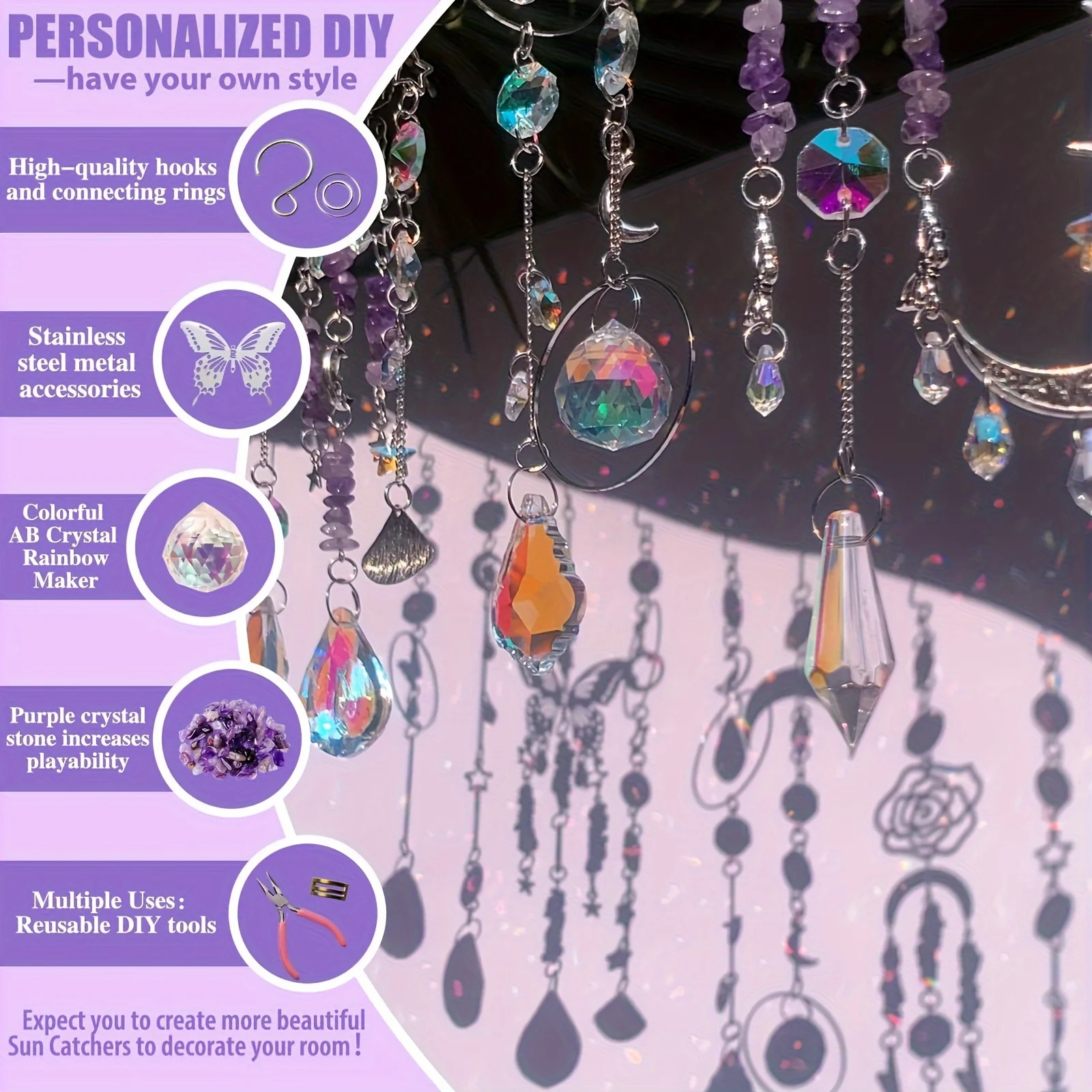 UXORSN 460 Pezzi Acchiappa Sole Cristallo Suncatcher Fare Kit Acchiappa-sole Mestiere per Adulti Perline Colorate Catene Pendenti Arcobaleno Prisma da Appendere Ornamento per Finestre Giardino Partito