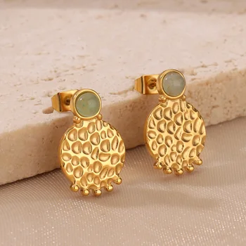 Geometric Texture Vintage Opal Earrings for Women Stainless Steel Gold Color Stud Earrings 2024 Trend Wedding Party Jewelry Gift