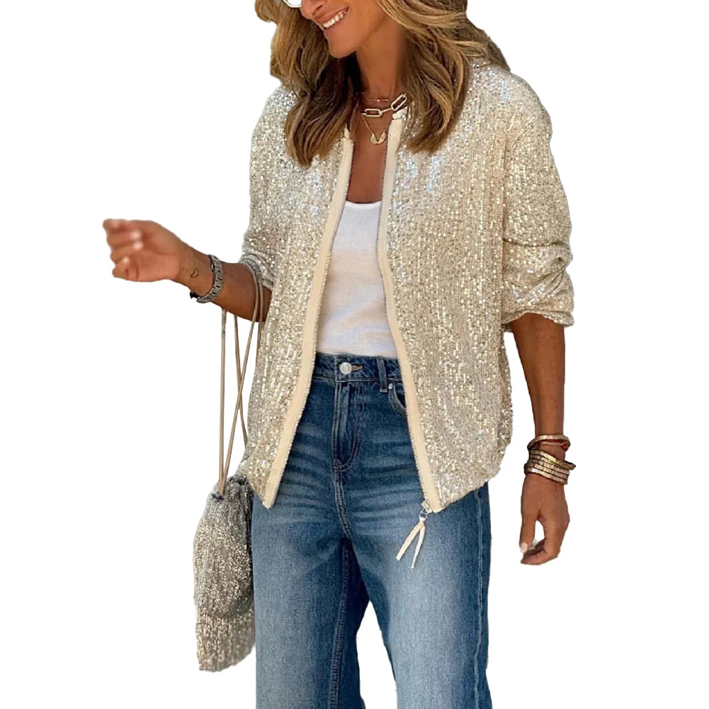 Women\\\'s Sparkling Sequin Party Jacket Shimmering Open Coat Fashionable Outwear Available in S XL Sizes Silver Color