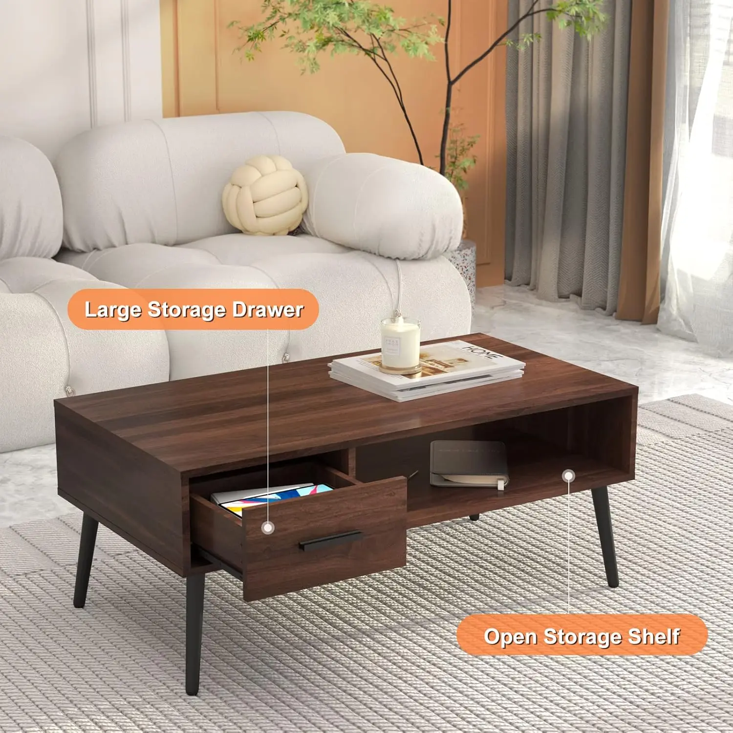 Coffee Table, Mid Century Modern Center Table for Living Room with Storage, Walnut Tea Table with Drawer, Open Storage Shelf 2