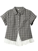 Chemisier Femme Été à Manches Courtes, Motif Carreaux et Dentelle, Style Vintage Rétro Japonais Kawaii, Coupe Slim, Mignon et Décontracté 1