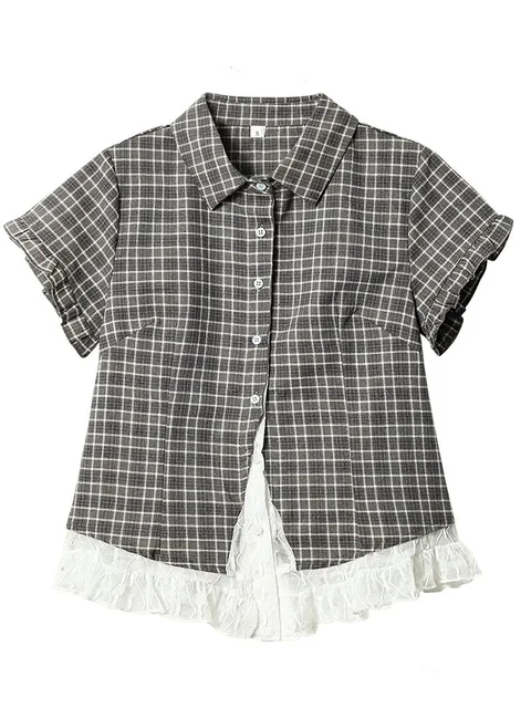 Chemisier Femme Été à Manches Courtes, Motif Carreaux et Dentelle, Style Vintage Rétro Japonais Kawaii, Coupe Slim, Mignon et Décontracté 1