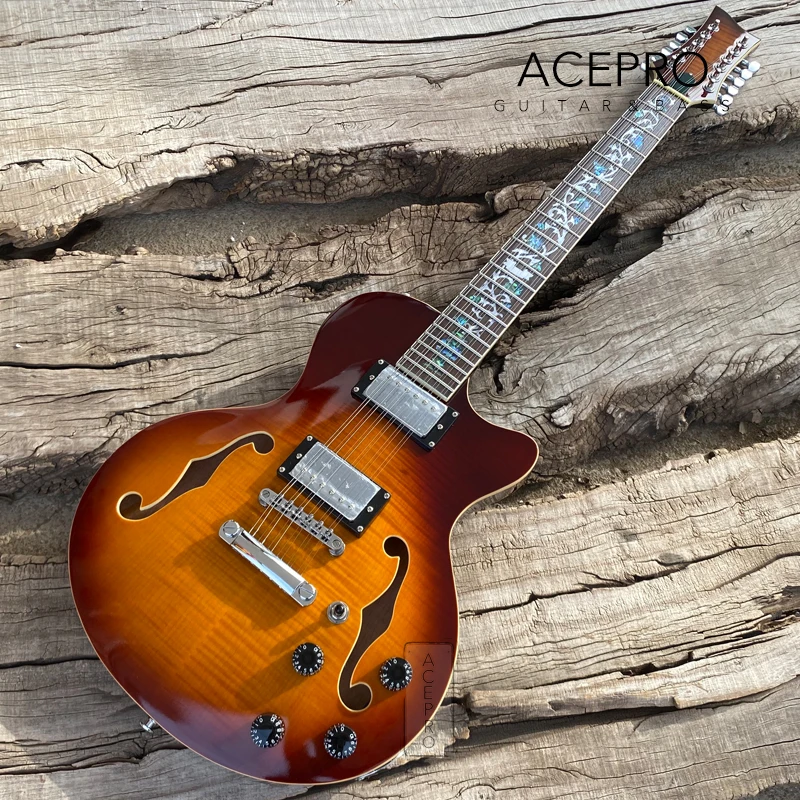 Grote Brown Burst 12 弦エレキギター、F ホールセミホローボディ
