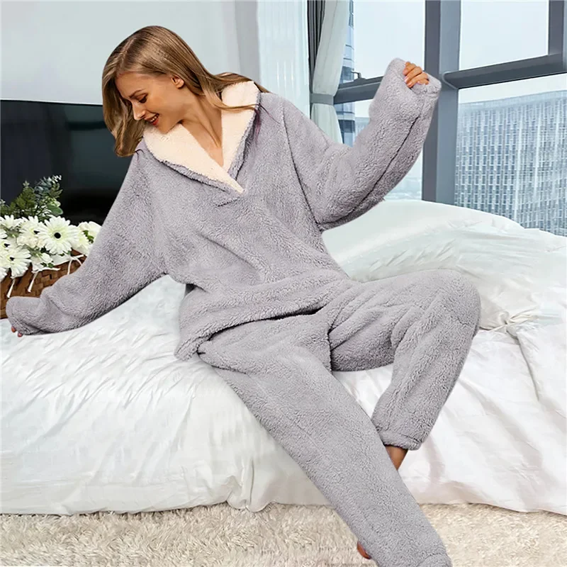 

Winter Women Cold Keep Warm Pajamas Women V-Neck Coral Fleece Pajamas Set Ladies Thermal Flannel Home Clothing Pajama Set