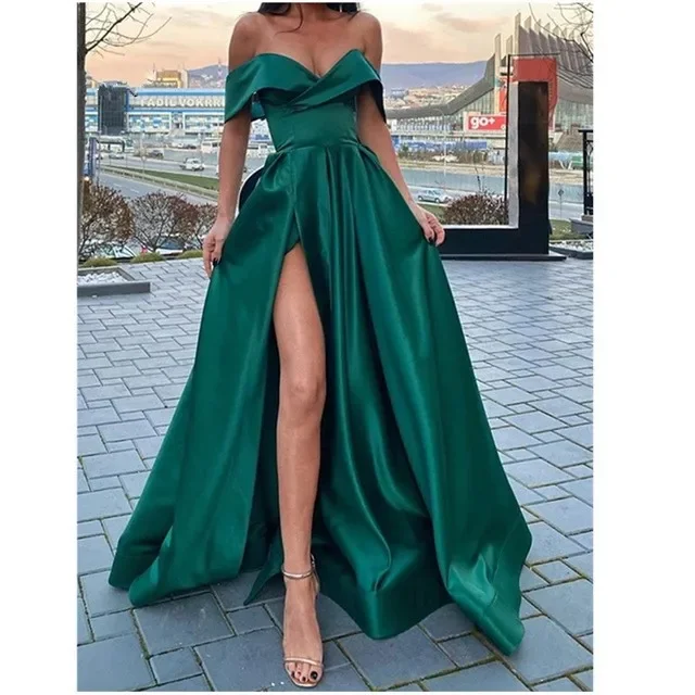 

Off-Shoulder Green Evening Dress Party Gowns Vestidos De Festa Sexy High Side Split Sexy Corset Special Occasion Prom Dress