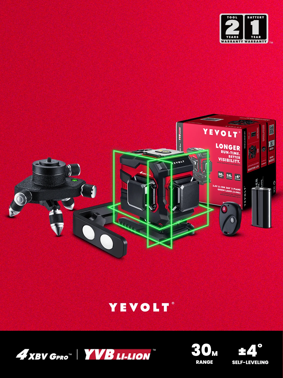 

YEVOLT YVGLL4XS12T-LB 3-Plane Laser Level 3D 12-Line Green Ground Self-Leveling Rotating Base Magnetic Holder Measuring Tools