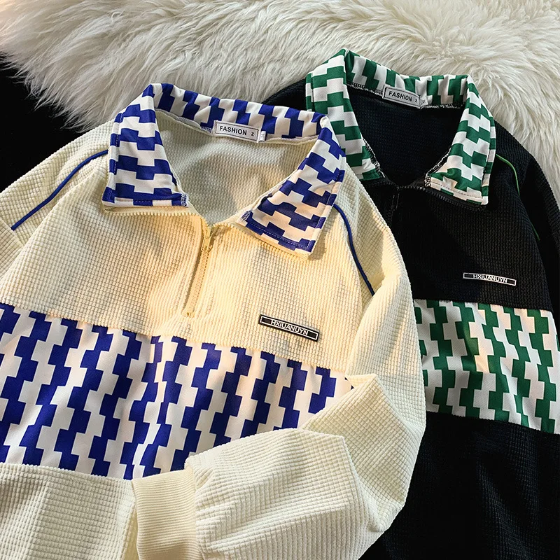 

HOUZHOU Checkered Golf Shirts Men's Polo Tees Oversized Long Sleeve T-Shirt Men Waffle Shirt Plaid Korean Streetwear Vintage