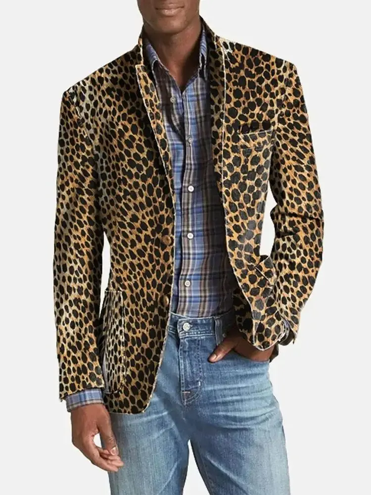 Men Blazers Business Casual Suit Jacket Leopard Print Notch Lapel Pocket Two Button Long Sleeve