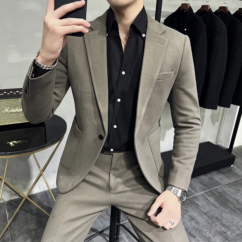 

2023 Autumn (Jacket+Pants) Men Solid Color Casual Business Dress Suits Slim Fit Formal Groom Wedding Blazer Trousers 2 Piece Set