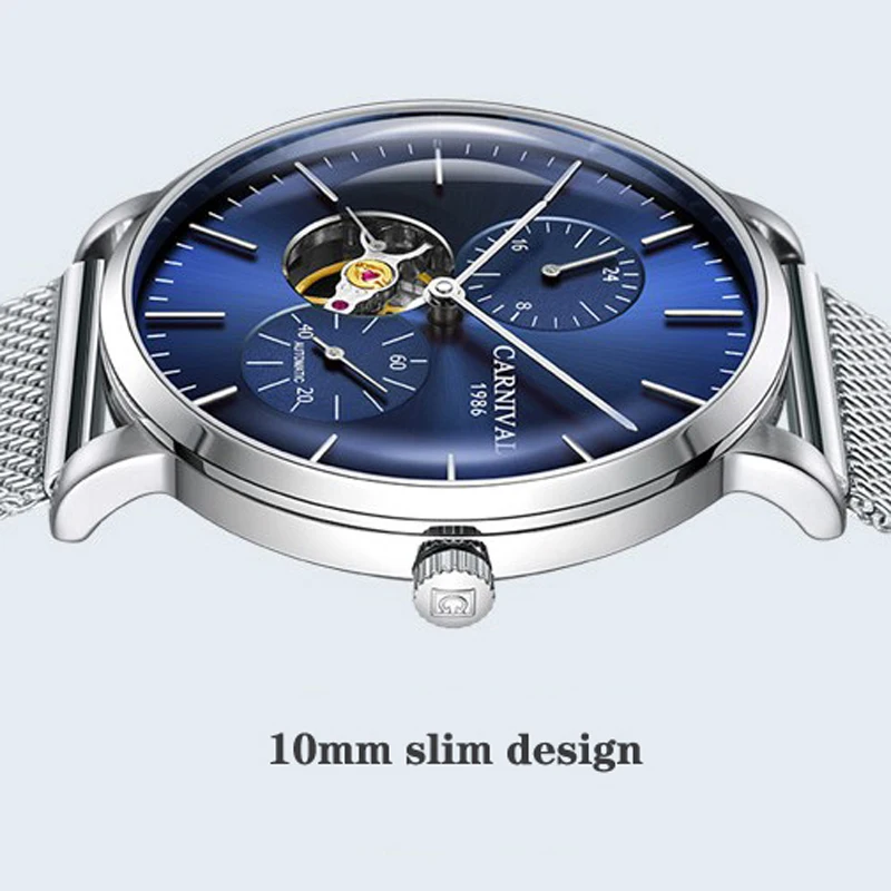 CARNIVAL Top Brand Luxury Hollow Automatic Mechanical Watch Men Stainless Steel Mesh Belt Waterproof Watches reloj hombre