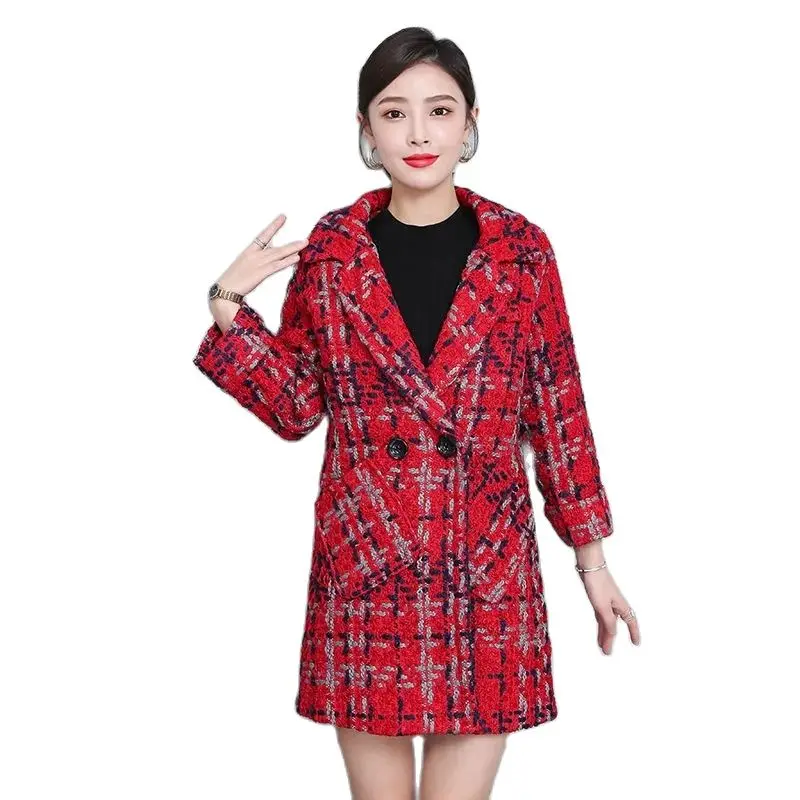 

Plaid Woolen Coat Women's Spring Autumn Jacket Mid-Length 2022 New Tweed Nizi Winter Coat Female Red Green Black Outerwear Tops