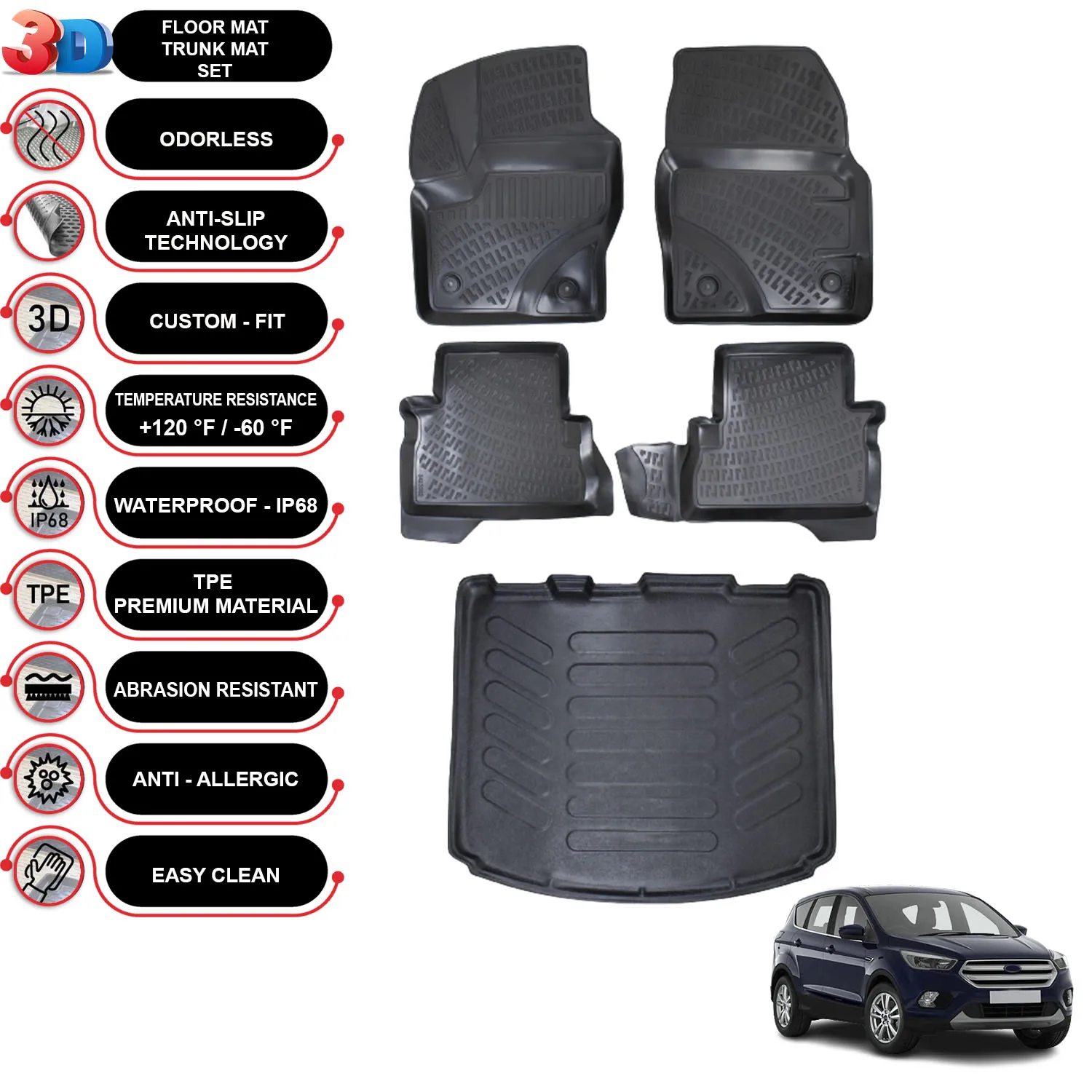 

Ford Kuga - (2013-2019) - Floor Mats + Cargo Trunk Liner - SET - (Black)