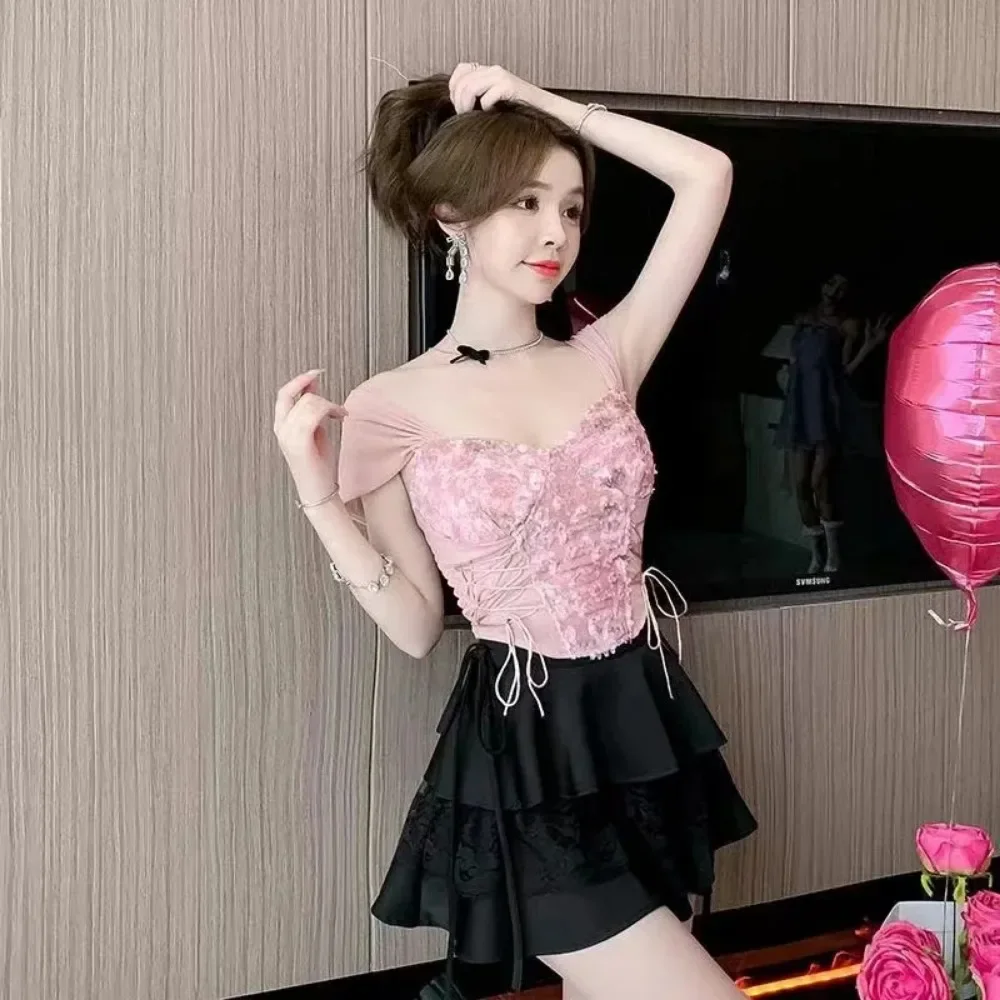 New Women's Corset Fashion Crop Top Women Lace Sexy Mesh Bandage T-shirt Sling Tank Top Summer Tops 2025 Women Camisole