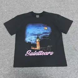 Vintage Distressed Washed Unisex Printed Loose Short Sleeve T - Shirt - M (Black)