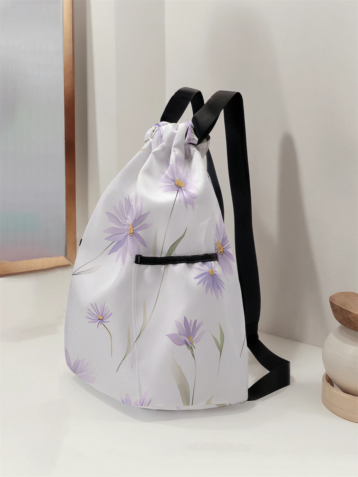 Flower Pattern Drawstring Backpack - Large Capacity Durable Fitness Bag, Adjustable Shoulder Straps, Sports Beach Backpack