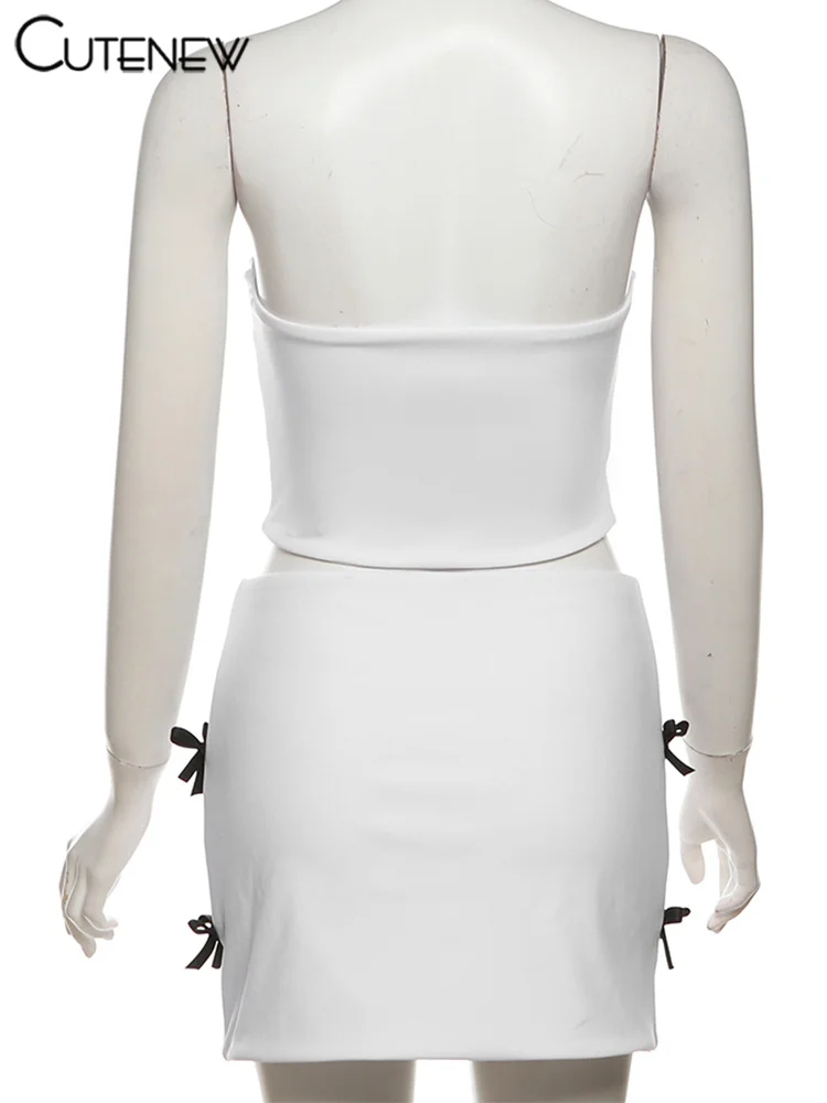 Conjunto de 2 piezas con lazos y rayas para mujer, top corto con escote en V y minifaldas de cintura alta, atuendos impresionantes.