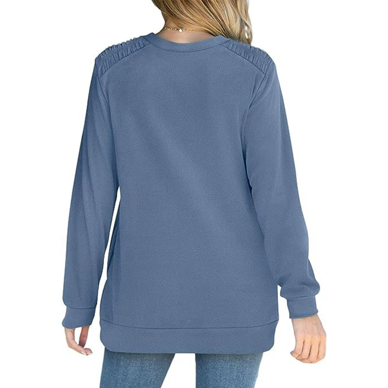 Autumn Winter Women's Round Neck Loose Casual Sweatshirt Female Folds Pocket Fashion Pullover Top Ladies Solid Color T-shirt Tee