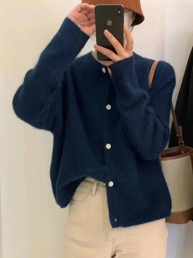 coreano edição nova cashmere cardigan camisola de gola redonda feminina com grosso solto cor sólida lã malha casaco tendência