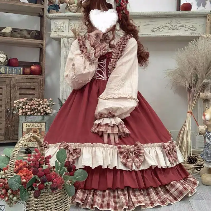 

Japanese Harajuku Gothic Bow Plaid Dress Sweet Lolita Girl Cosplay One Piece Dresses Kawaii Ruffles Party Vestido
