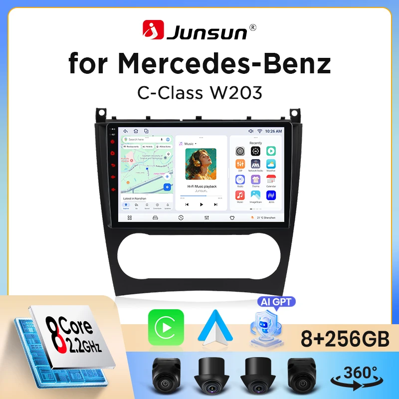 Junsun Wireless CarPlay Android Auto Autoradio für Mercedes-Benz C-Klasse W203 Auto-Intelligentes System DSP SWC RDS GPS FM BT
