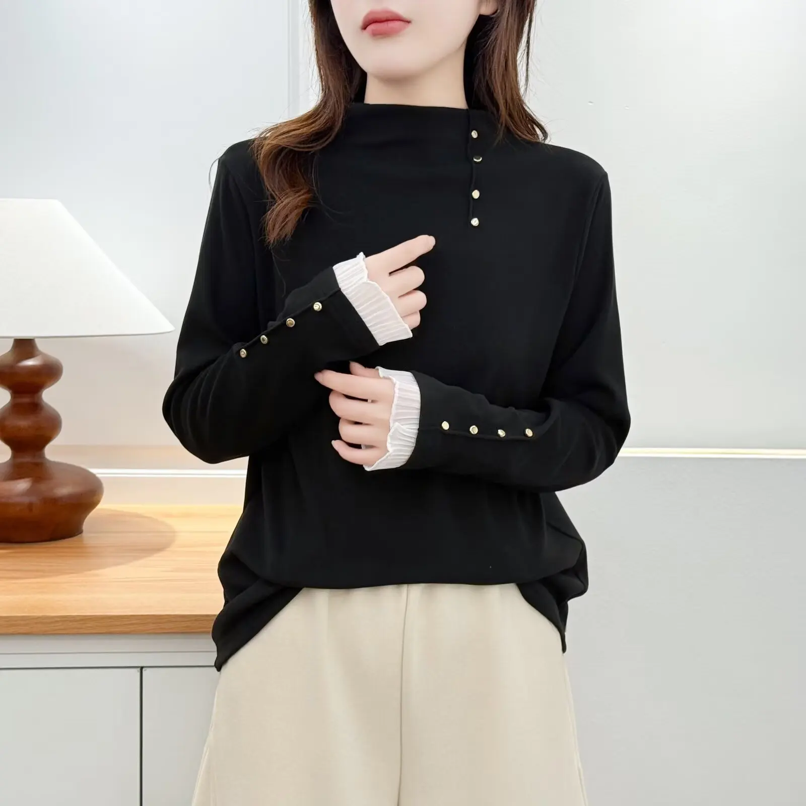 XXXXL Fashion Plus Size Woman Clothing T-Shirt New Korean Style Mock Neck Base Tops For Autumn And winterDe Velvet Warm Tees 553