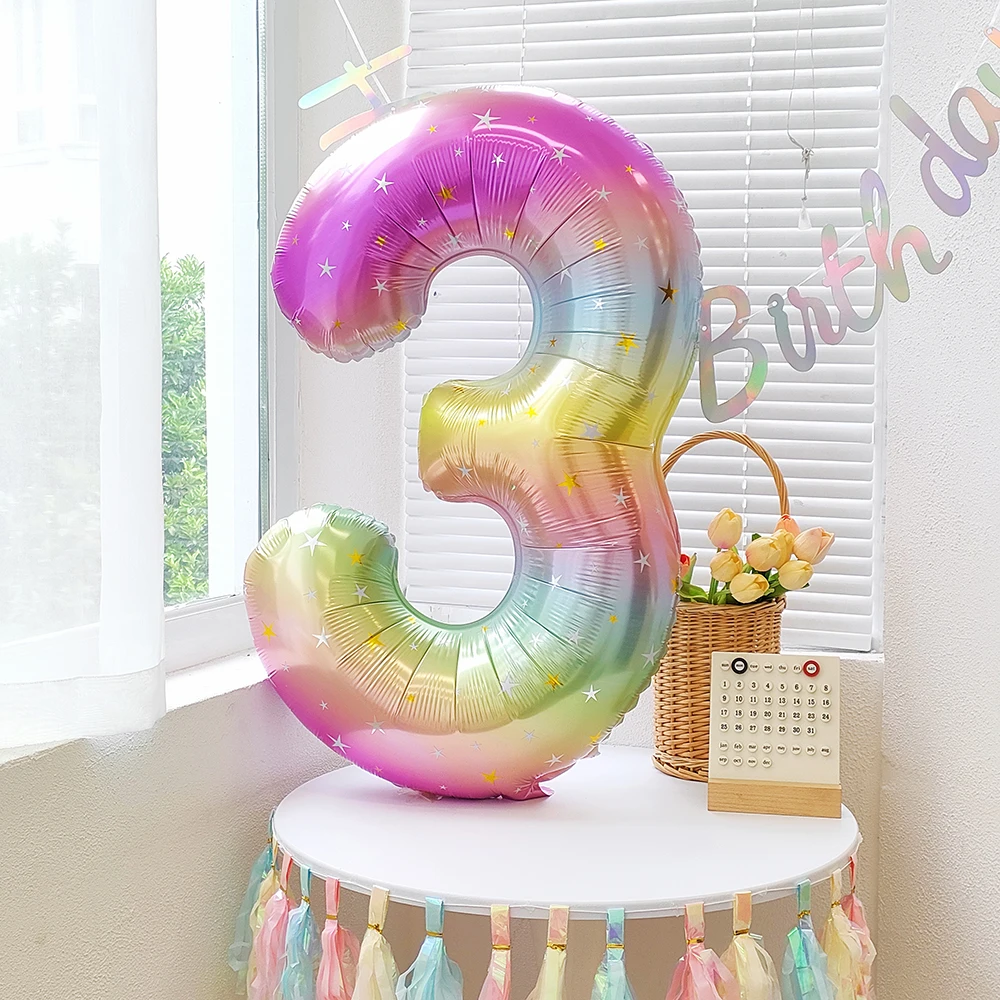 

40inch Large Unicorn Gradient Star Colorful Number Foil Ball 0-9 Helium Ball with Crown Children Birthday Baby Shower Wedding De