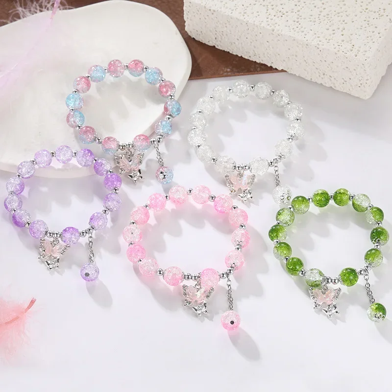 Butterfly Bohemian Sweet Beaded Bracelet for Women Girls Pink Color Imitation Jade Crystal Hand Jewelry Birthday Party Gifts