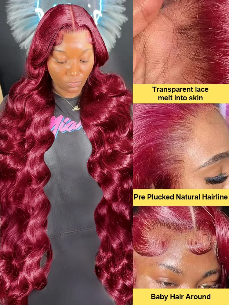 13x6 HD Transparent Body Wave 99J Burgundy Lace Frontal Human Hair Wig 30 40 Inch 13x4 Red Color Lace Front Wig For Women