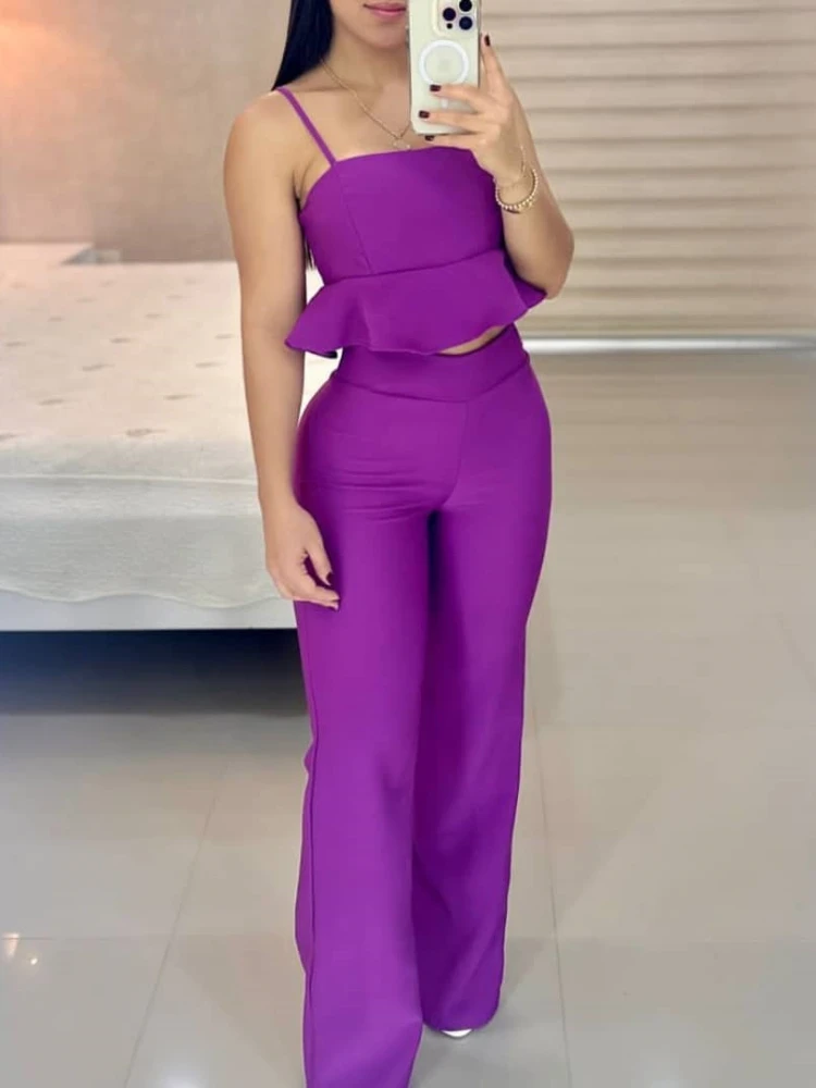 

Women's 2023 New Solid Color Bra Strap with Ruffle Hem High Waist Straight Leg Pants Fashion Casual Two Piece Set Slight Strech