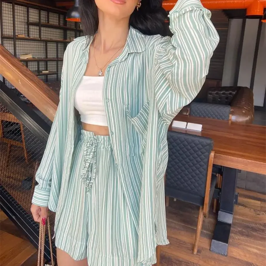 Autumn Fashion Casual Striped Long Sleeve Shirt Drawstring High Waist Shorts Two Piece Set Spring Outfits Women 2024