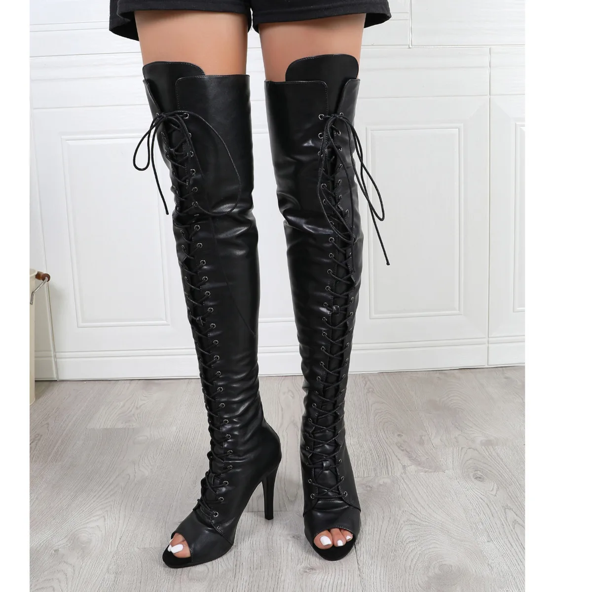 Black High Women Heels Soft Peep Toe Boots Stilettos Jazz Dance Over the Knee Shoes for Latin Dancing Big Size 6