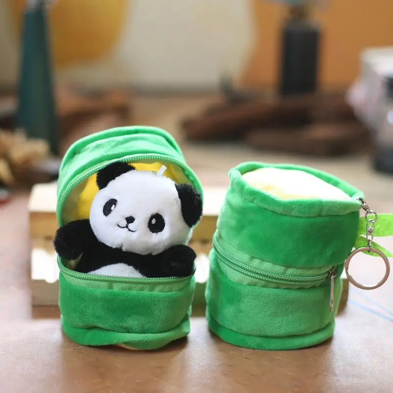 Creative Panda Doll Keychains Cute Plush Panda Keychains With Bamboo Storage Bag 2023 Kawaii Stuffed Panda Keyrings Wholesale