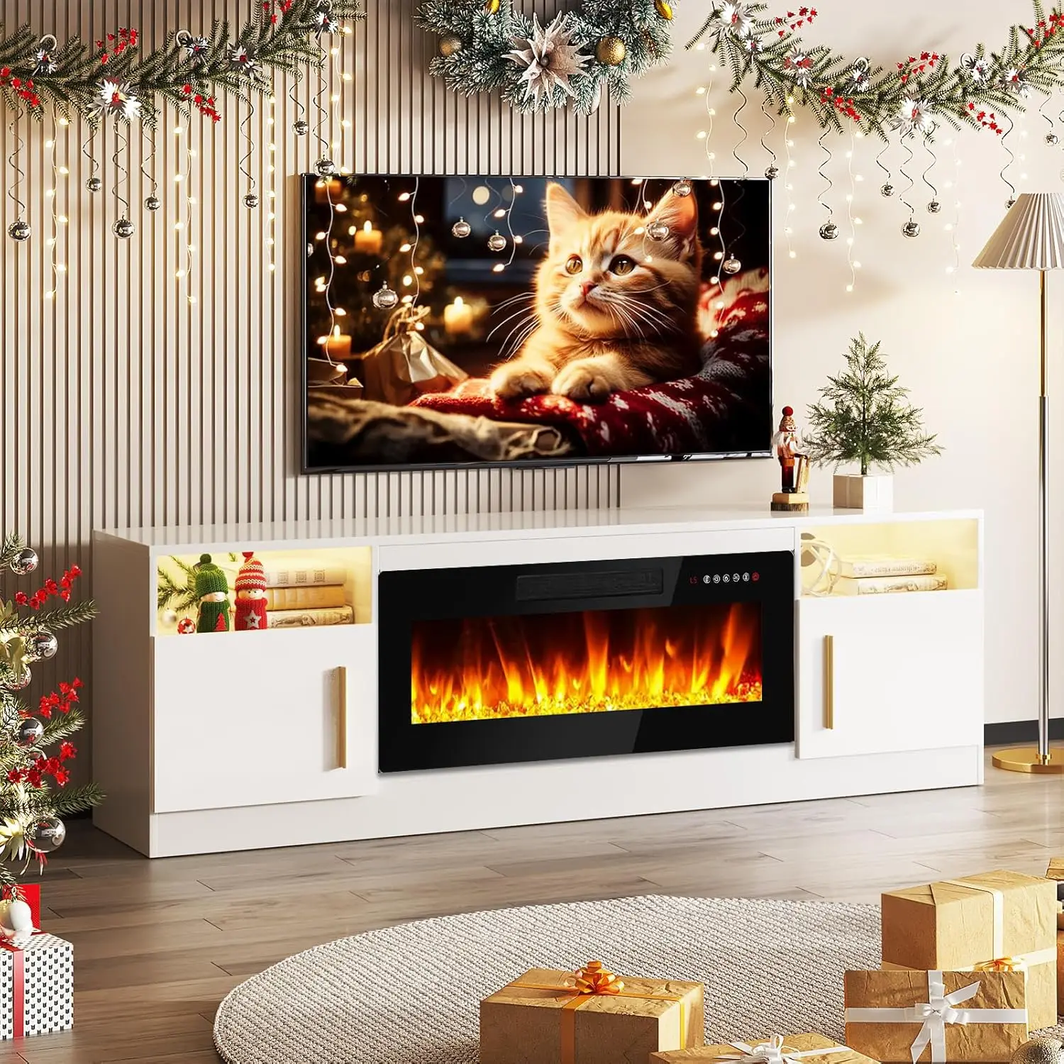 TV Stand Entertainment Center w/ 36" Fireplace,Media TV Console with High Gloss Storage Cabinet & 16 Colors LED Lights (White) 5