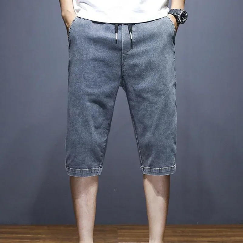 Gray Male Denim Shorts Graphic Straight Buttons Men's Short Jeans Pants Cowboy Retro Y2k Streetwear Wide Rude Summer New In Cut