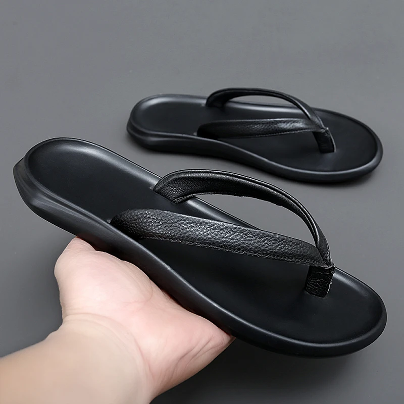 Summer Mens Luxury Genuine Leather Flip Flops Slippers For Men High Quality Flat Slippers Minimalist Size 38-44 Dropshipping — view 5