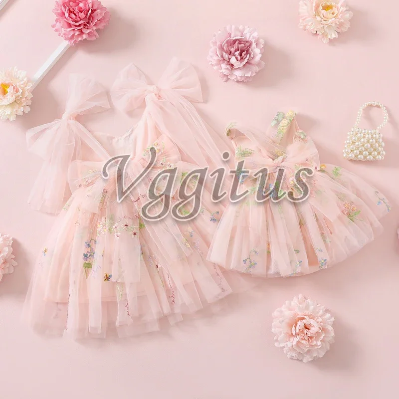 Family Matching Outfits for Summer Sweet Style Soild Color Embroidery Open Back Dress and Bodysuit for Twins Sisters E1237 - 6