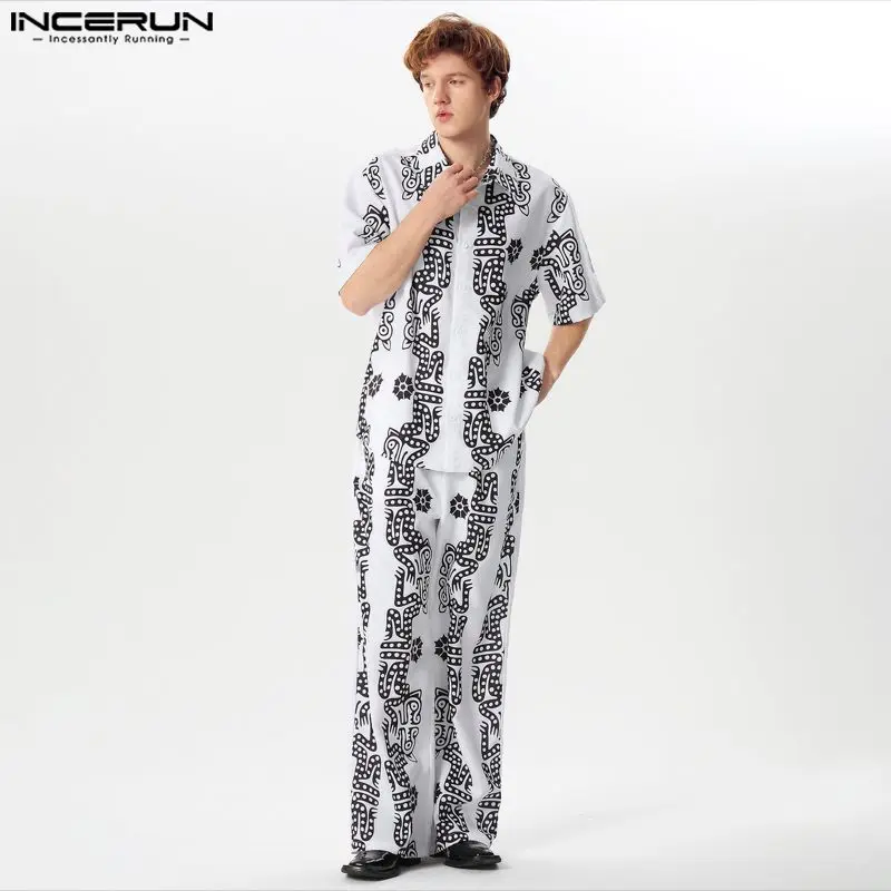 

Комплект из рубашки и брюк INCERUN мужской, с принтом, отворот, короткий рукав