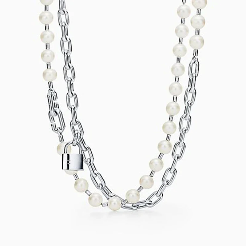 

Tif s925 silver European and American fashion simple personality necklace pearl exaggerated chain retro T-chain women's jewelry