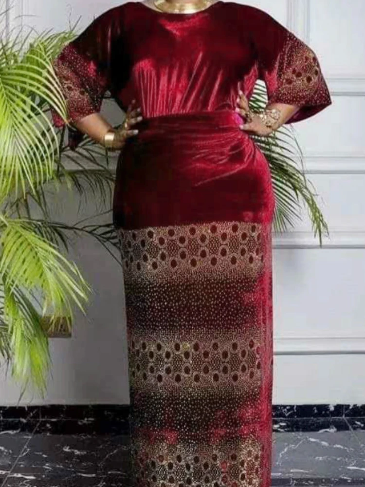 2022 African Dress For Woman Velvet Dress Three Pcs One Set With Stone Big Size african style clothing Africa Clothing