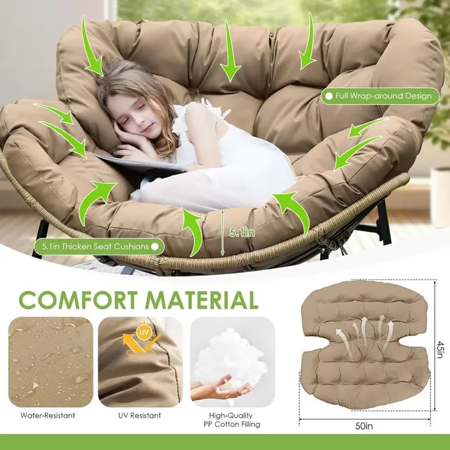 Oversized Double Rocking Egg Chair Set with Cushions, Outdoor-Friendly Wicker Relaxation Chairs, Heavy-Duty 450 lbs Cap