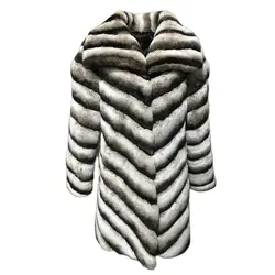 Stock On Sale Natural Rex Rabbit Fur Long Coat Chinchilla Color 2023 Stripe Luxurious Furry Winter Warm Outerwear 1907011