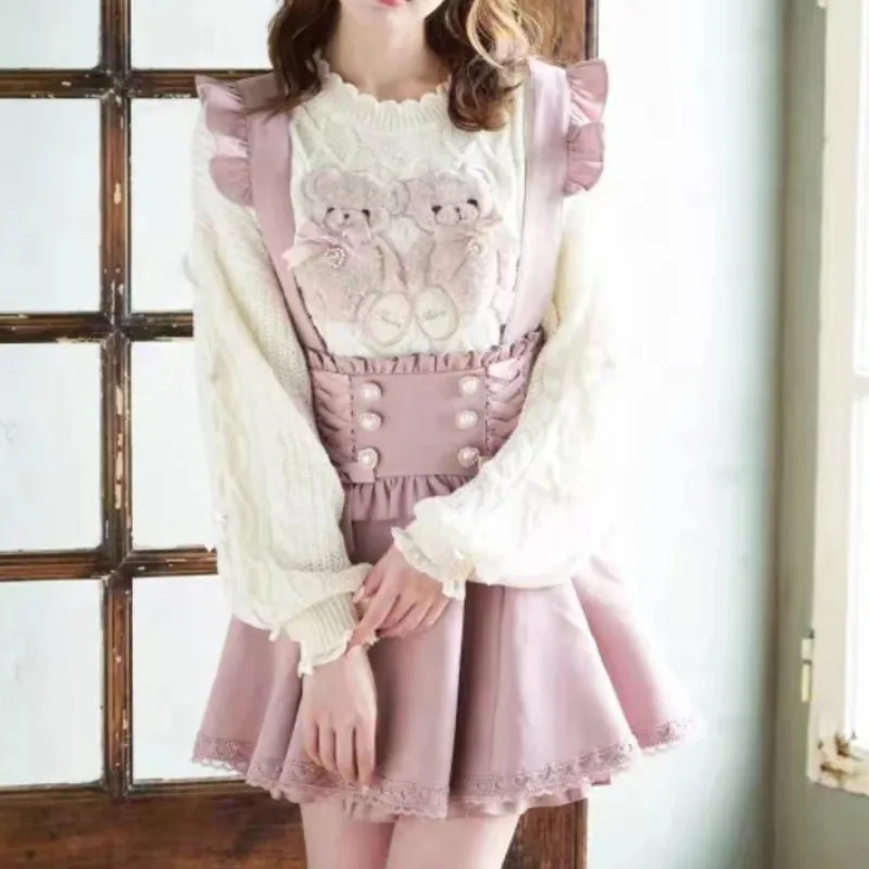 Japanese Gothic Lolita Ribbon Short Suspender plaid Skirt Girls Sweet Cute Lace A-Line Mini Skirts summer2024 black solid kawaii 3