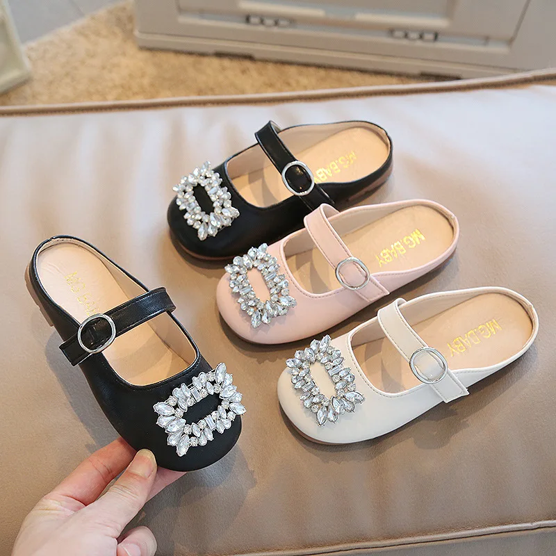 

Girls Closed Toe Half Slippers Summer Children's Outdoor Fashion Micro Inlays Crystal Princess Mary Jane&T-strap Kids Shoes