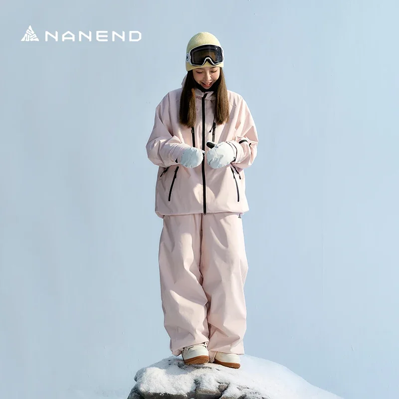 Nan'en Ski Suit Women's New Loose Waterproof Veneer Thickened 3L Full Pressure Glue Pink Pants Suit