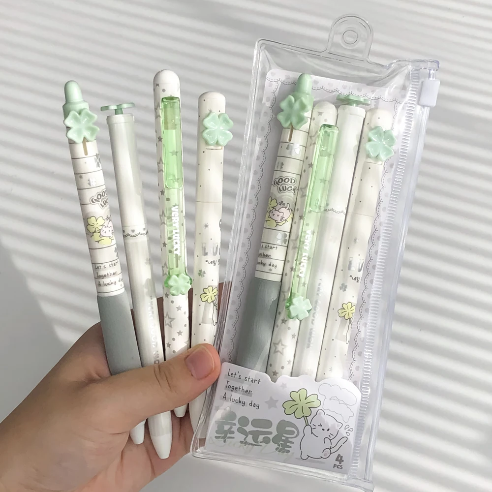 4 Pcs/Set Lucky Star Gel Pens 0.5mm Quick-Drying & Smooth Writing Black Ink Pen for Office School Study Exam Stationery