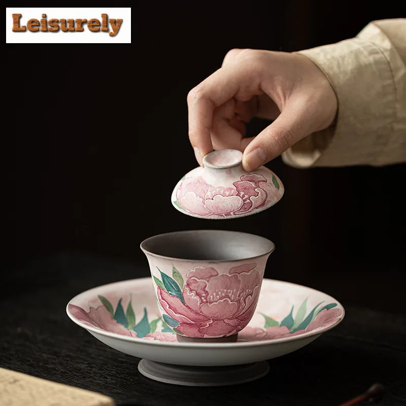 120ml Old Rock Clay Light Makeup Peony Gaiwan Aesthetic Tea Tureen Tea Bowl With Lid Kit Tea Making Cover Bowl Teaware Ornaments