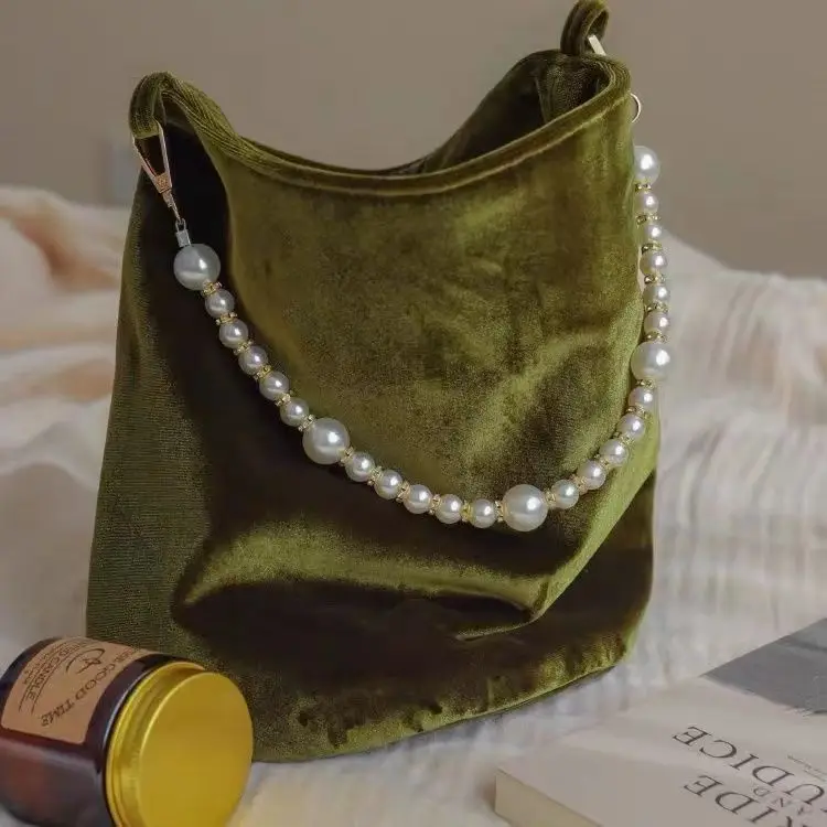 

Bucket Plush Vintage Green Velvet Pearl Chain Tote Shoulder Cloth Bag
