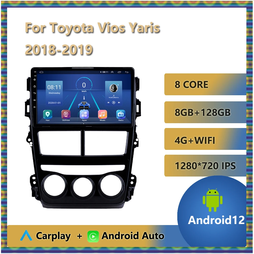 

9 Inch Android 12 For Toyota Vios Yaris 2018 - 2019 Car Radio Stereo No 2din Multimedia Navigation GPS BT AHD WIFI DSP Bluetooth