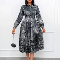 Elegant Vintage Dresses for Women Bow Collar Full Sleeve Belt Waisted A Line Mid Calf Birthday Party Dinner Vestidos Mujer Dress